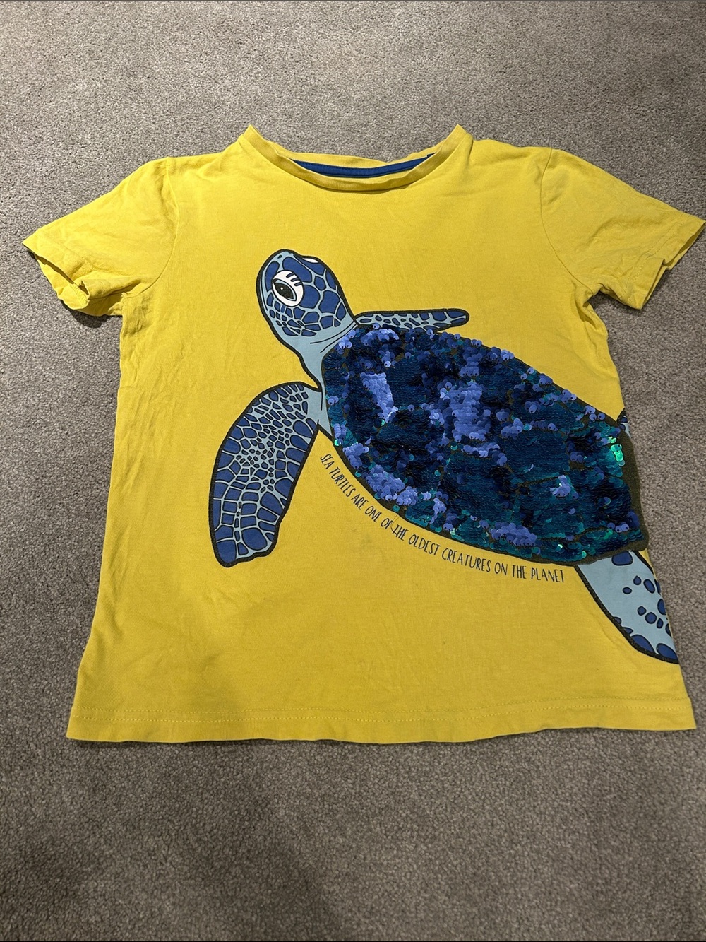 Mini Boden Yellow Tee with Blue Sequin Turtle